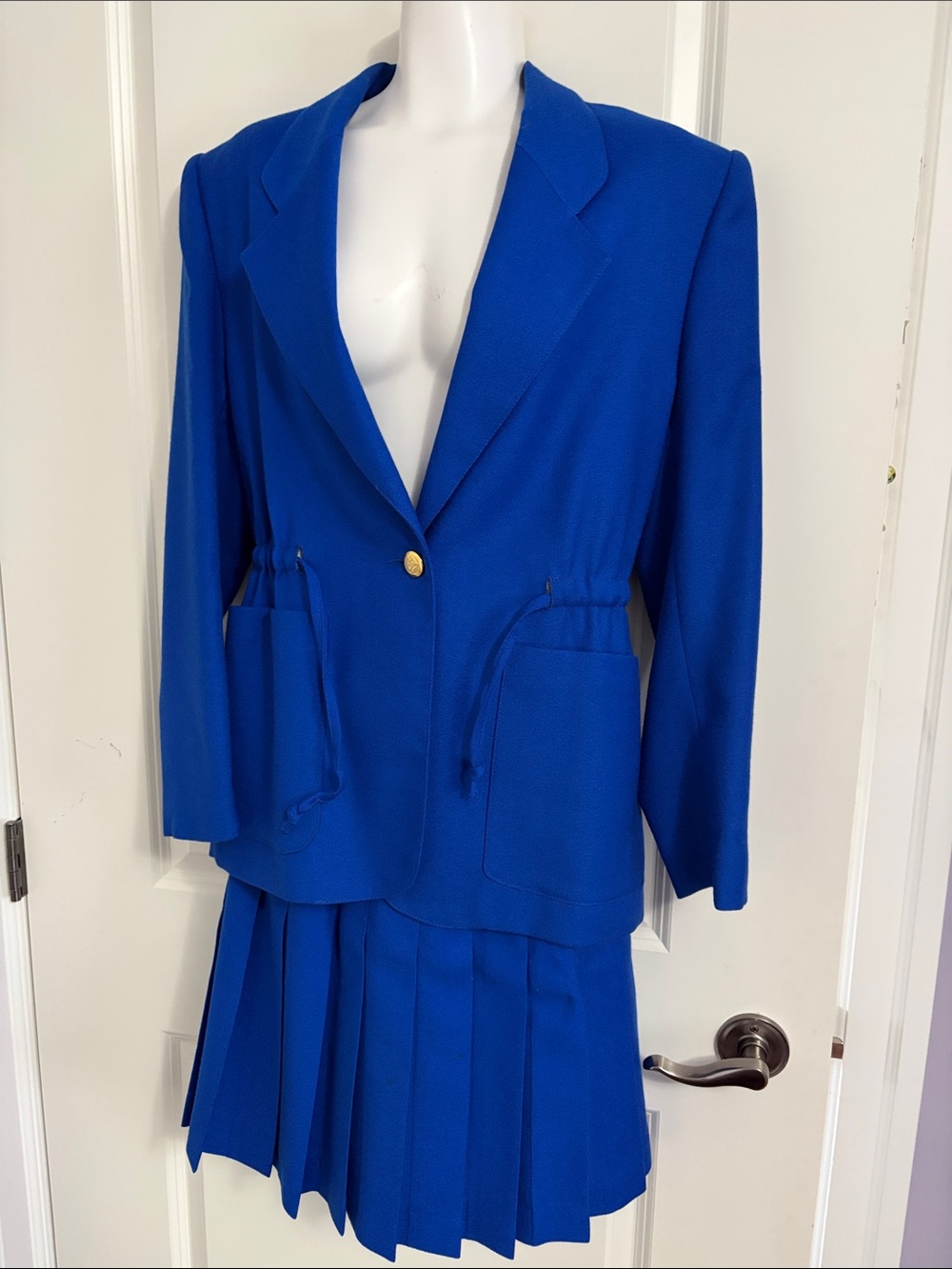 Braemar Women's Cobalt Blue Drawstring Waist Blazer with pleated skirt